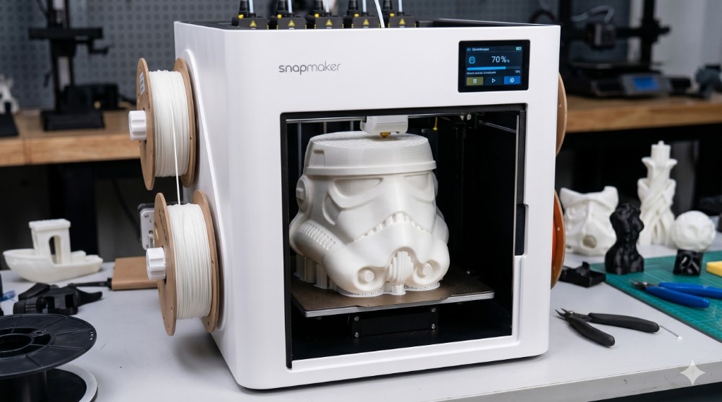 White Snapmaker 3D printer printing a large white Stormtrooper-style helmet with filament spools on the side
