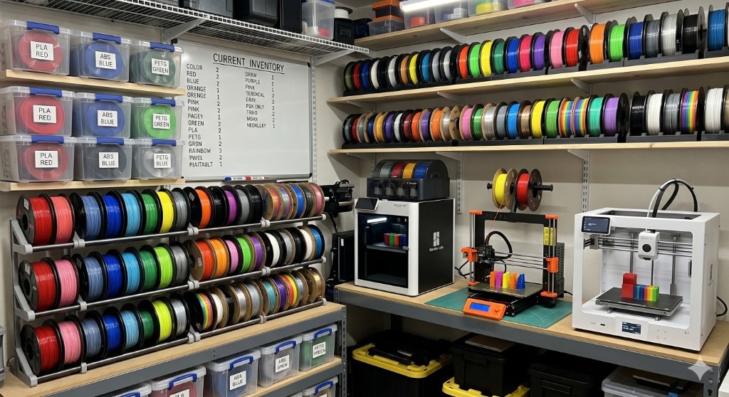 3D printing workshop with wall racks of multicolor filament spools, labeled storage bins, printers on a bench, and a current inventory whiteboard