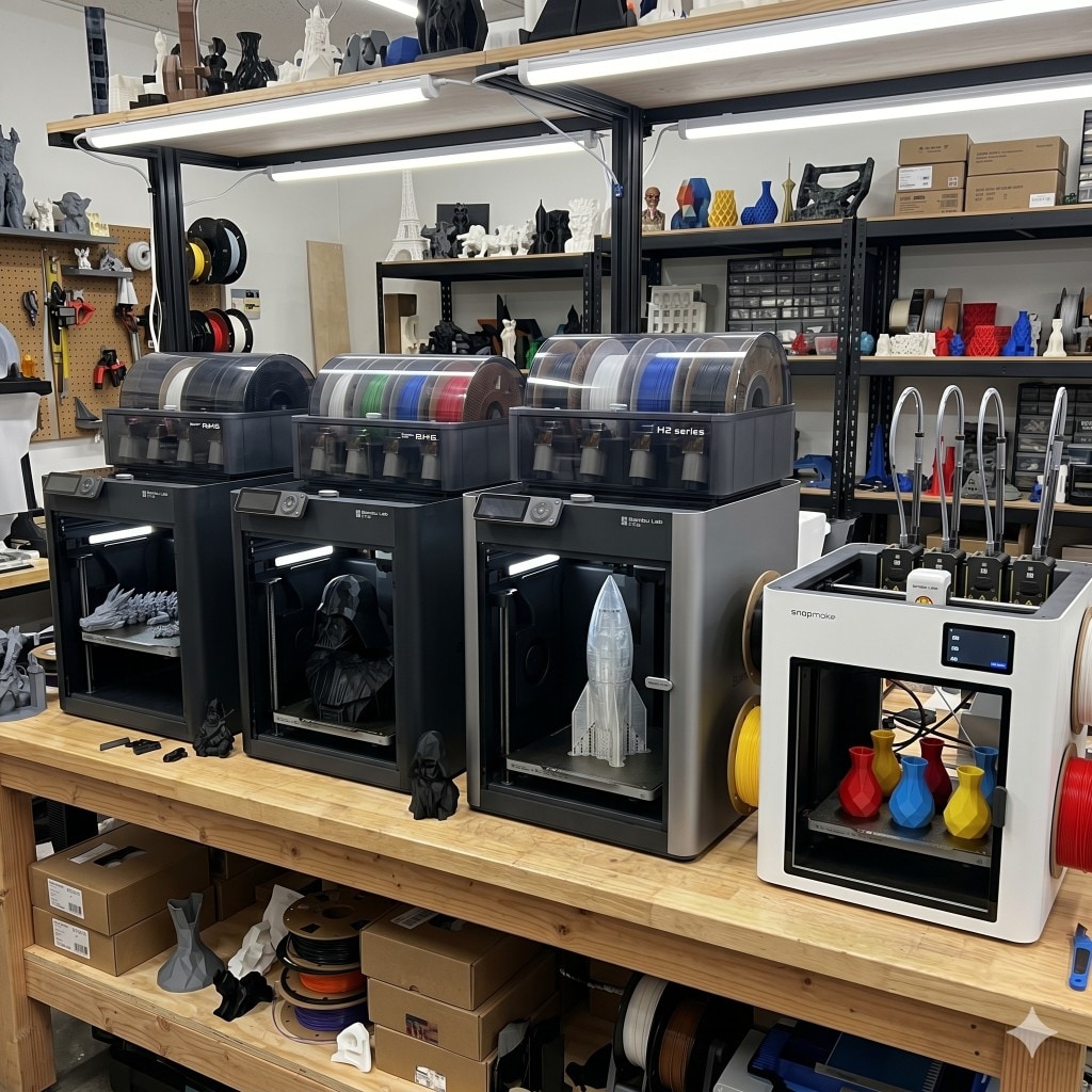 Four desktop 3D printers in a row on a wood workbench with active prints, AMS units, and shelves of finished models behind